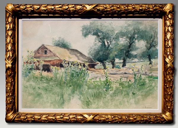 Appraisal: BODINE Clothilde American th C Rural Landscape with House Watercolor