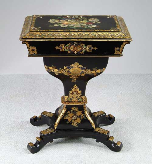 Appraisal: OUTSTANDING PAPIER-M CH ENGLISH WORK TABLE Decorated in gilt and