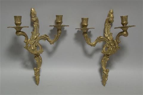 Appraisal: PAIR OF LOUIS XV STYLE GILT BRONZE SCONCES With two