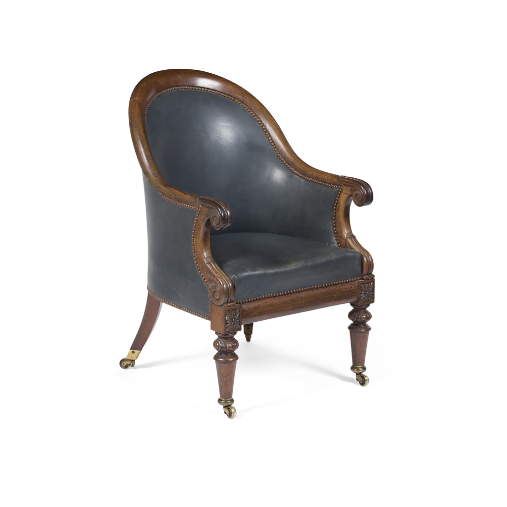 Appraisal: REGENCY MAHOGANY LIBRARY ARMCHAIR EARLY TH CENTURY of gondola form