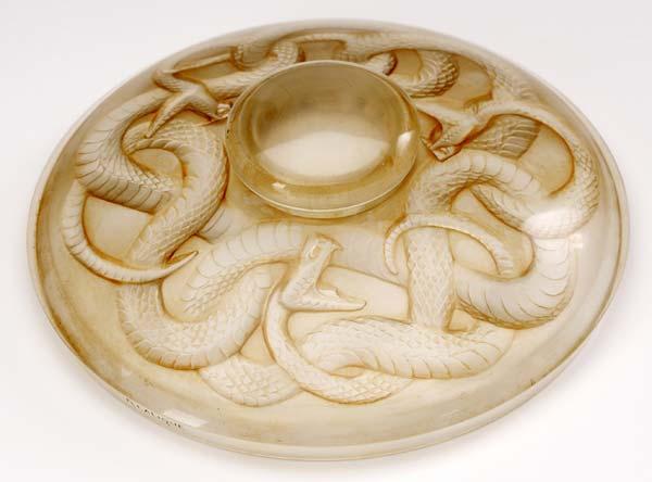 Appraisal: LALIQUE Serpents inkwell in opalescent glass with sepia patina c