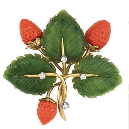 Appraisal: Gold Carved Nephrite Coral and Diamond Strawberry Leaf Brooch Estimate