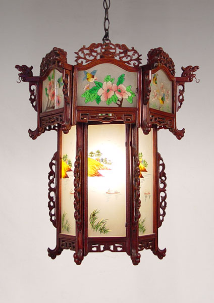 Appraisal: CHINESE REVERSE PAINTED HANGING LIGHT Traditional lantern style chandelier Carved