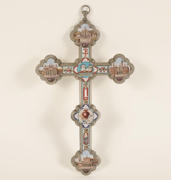 Appraisal: Intricate Italian micro mosaic cross extremely detailed silver cross intricately