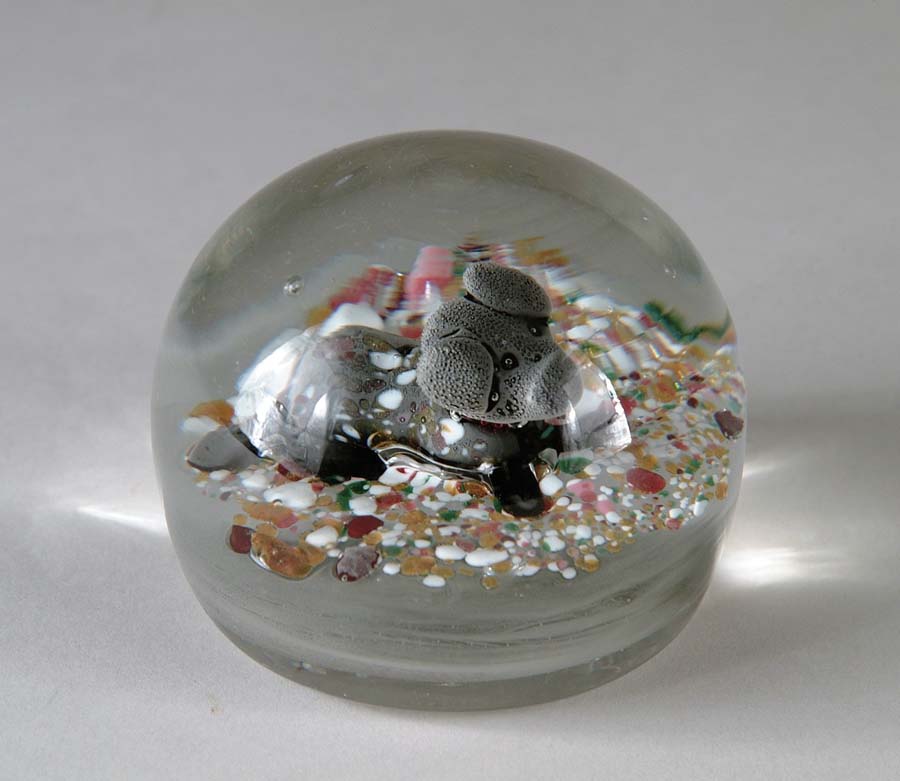 Appraisal: ART GLASS DOG PAPERWEIGHT Cute gray dog with multicolored flecks