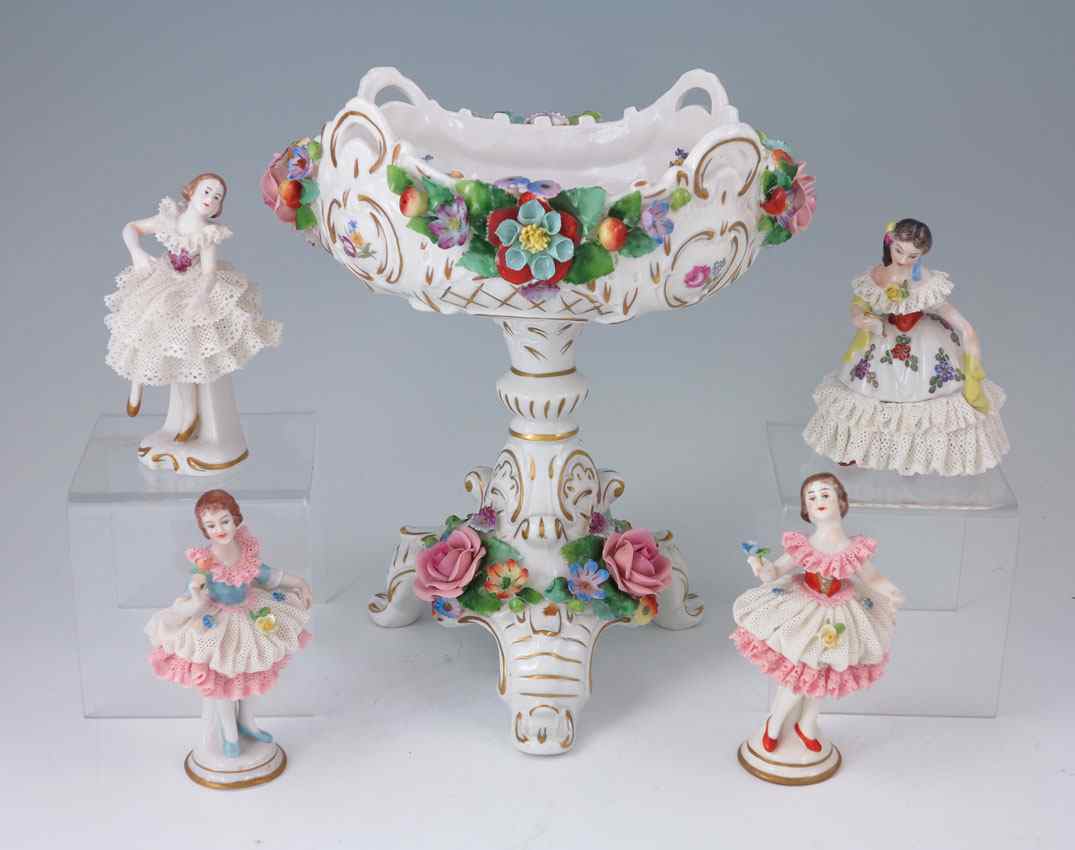 Appraisal: SITZENDORF FLOWER ENCRUSTED COMPOTE DRESDEN LACY FIGURINES The compote is