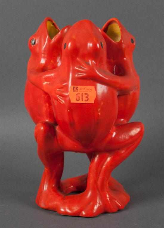 Appraisal: Japanese painted ceramic frog ring base modeled as three upright