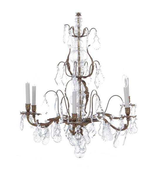 Appraisal: Continental gilt-bronze and crystal six-light chandelier crystal stem six scrolling