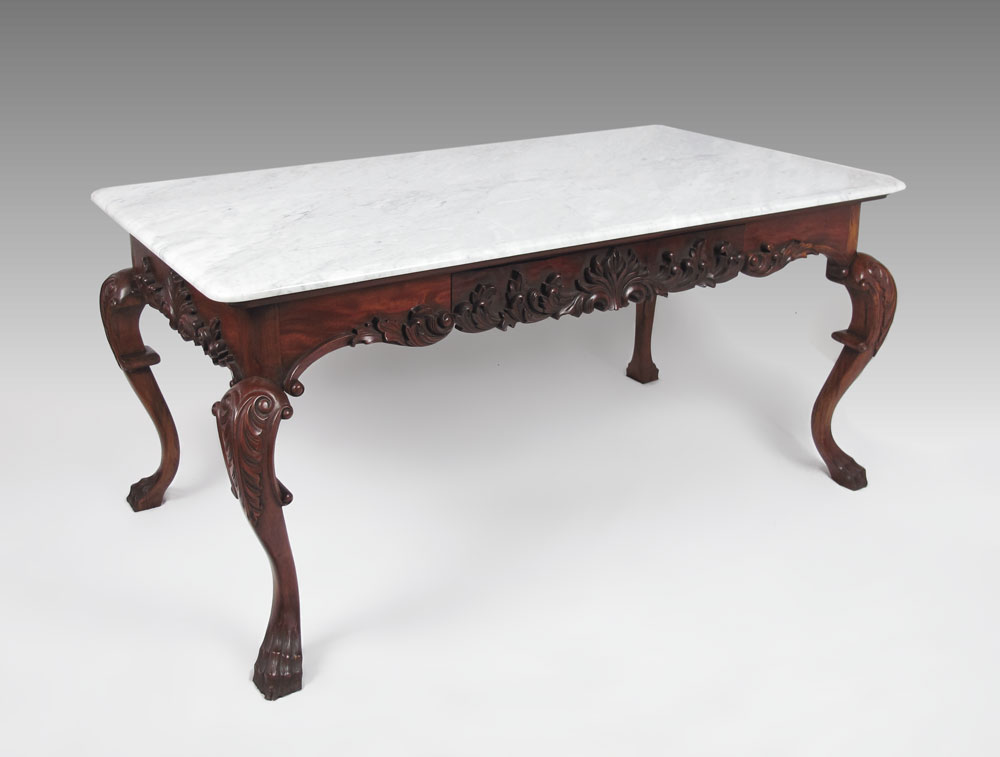 Appraisal: LARGE CARVED MARBLE TOP LIBRARY TABLE DESK Variegated white marble