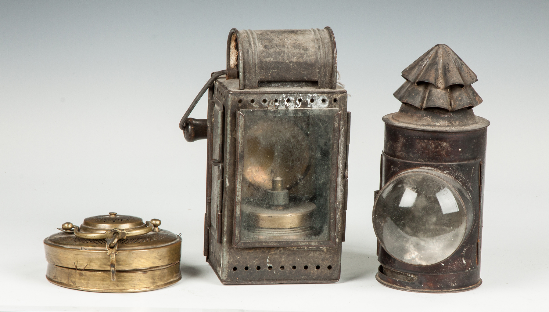 Appraisal: Collapsible Brass Candle Lantern Two Early Tin Lanterns th cent