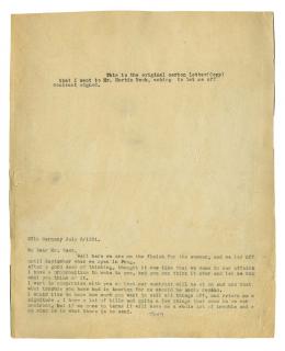 Appraisal: Houdini Harry Houdini s Carbon Copy Letter To Martin Beck