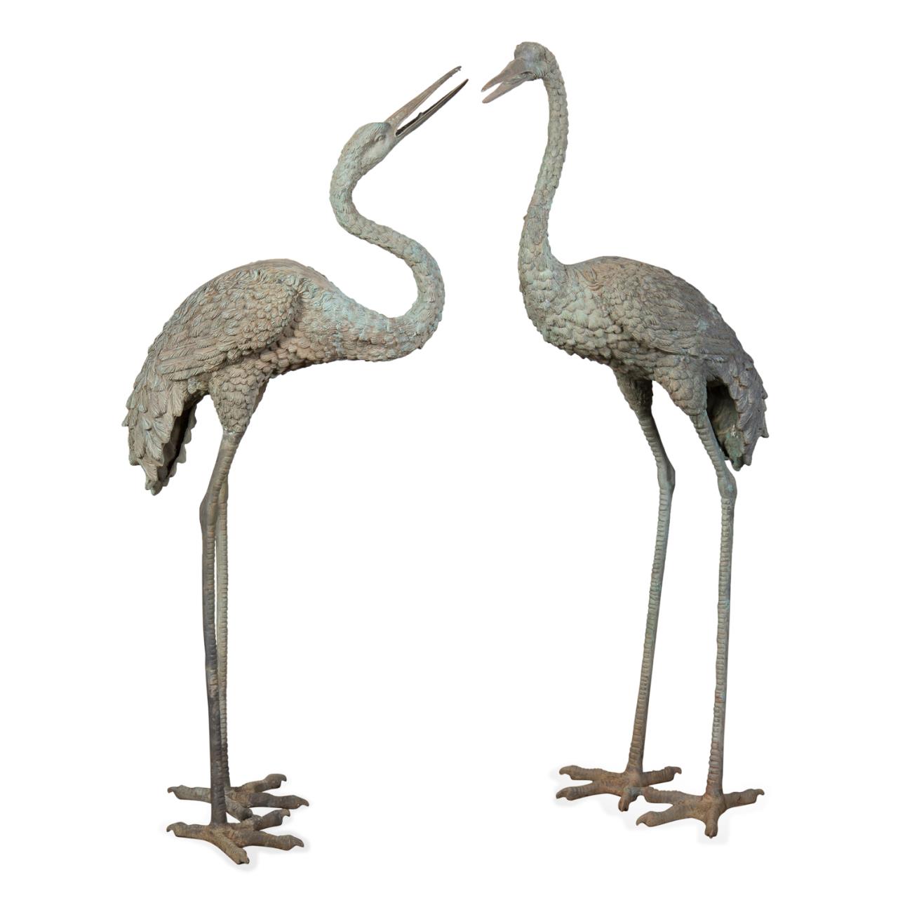 Appraisal: PR LARGE BRONZE STANDING CRANE GARDEN SCULPTURES Pair of large