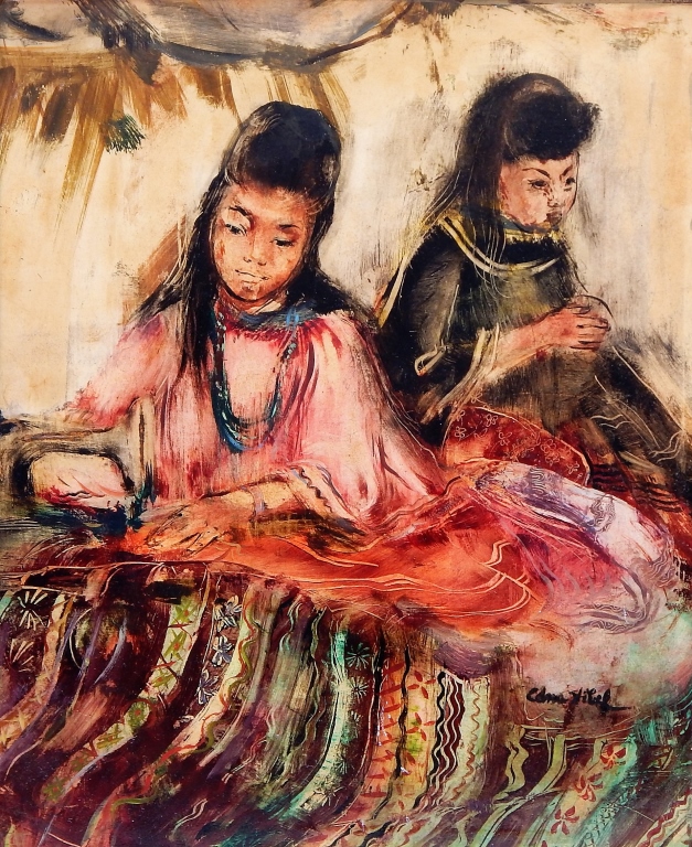 Appraisal: EDNA HIBEL PORTRAIT PAINTING OF YOUNG ASIAN GIRLS Massachusetts Florida