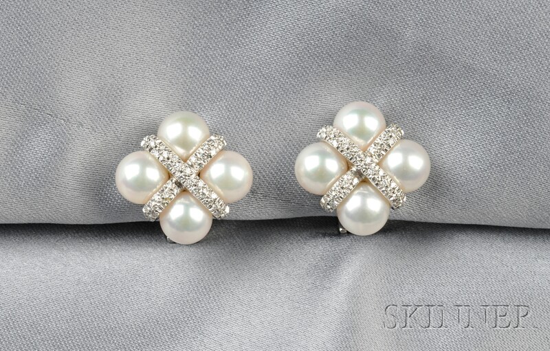 Appraisal: kt White Gold Cultured Pearl and Diamond Earclips Mikimoto each