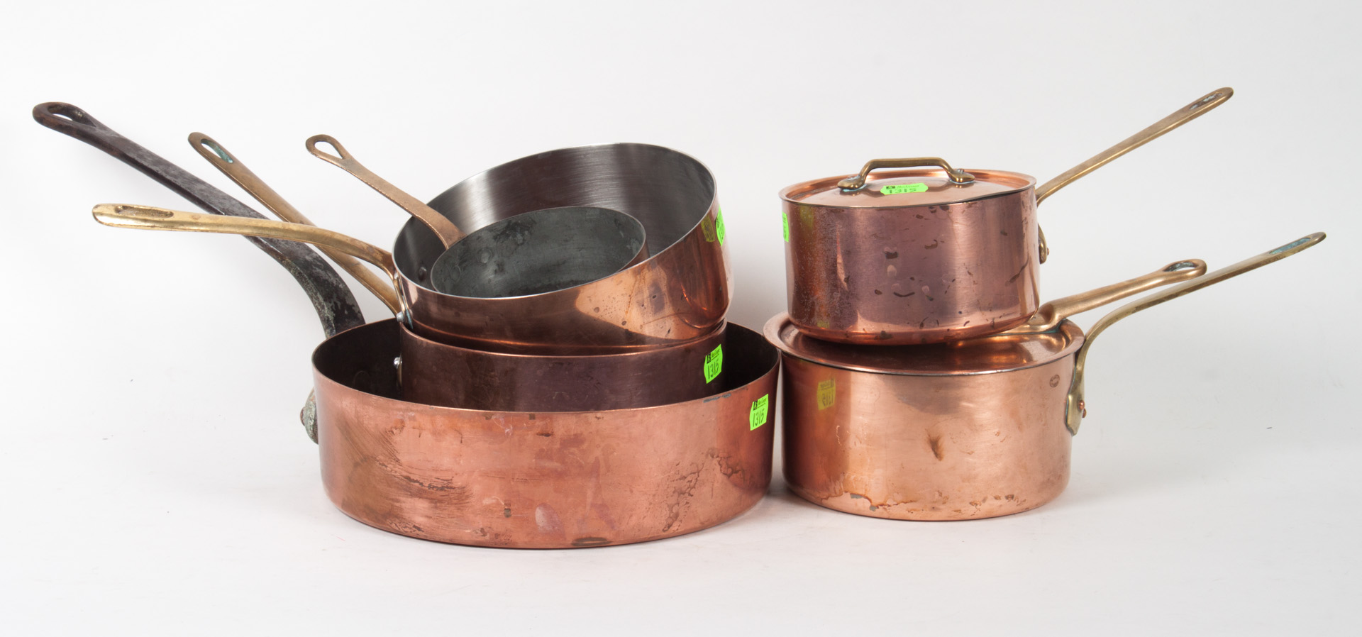 Appraisal: Six French copper and brass saucepans five with copper bodies