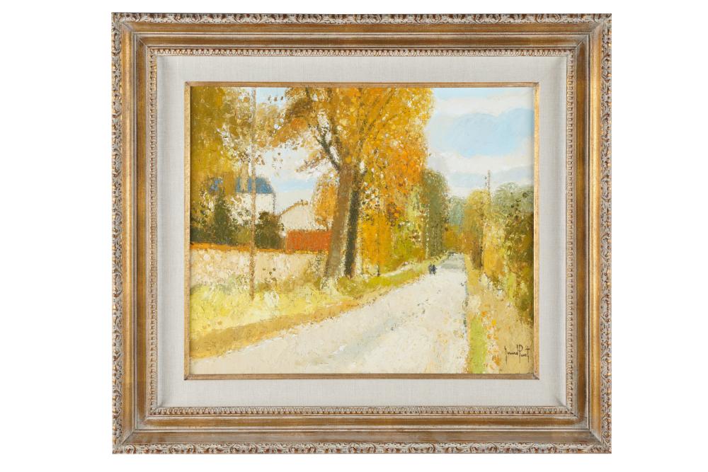 Appraisal: TH CENTURY TREE-LINED VILLAGE STREEToil on canvas signed lower right