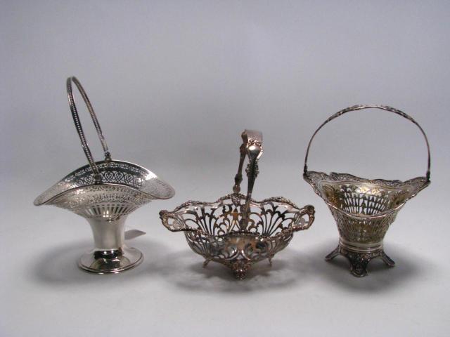 Appraisal: Three antique sterling reticulated baskets including x pedestal basket a