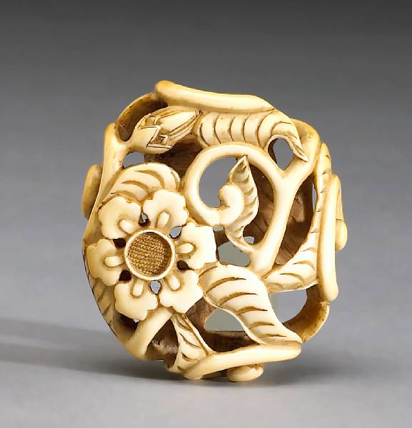 Appraisal: An ivory openwork ryusa netsuke Meiji Period Of oval shape