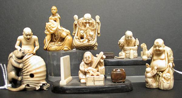 Appraisal: Seven small Japanese and Japanese-style carvings Including four ivory figural