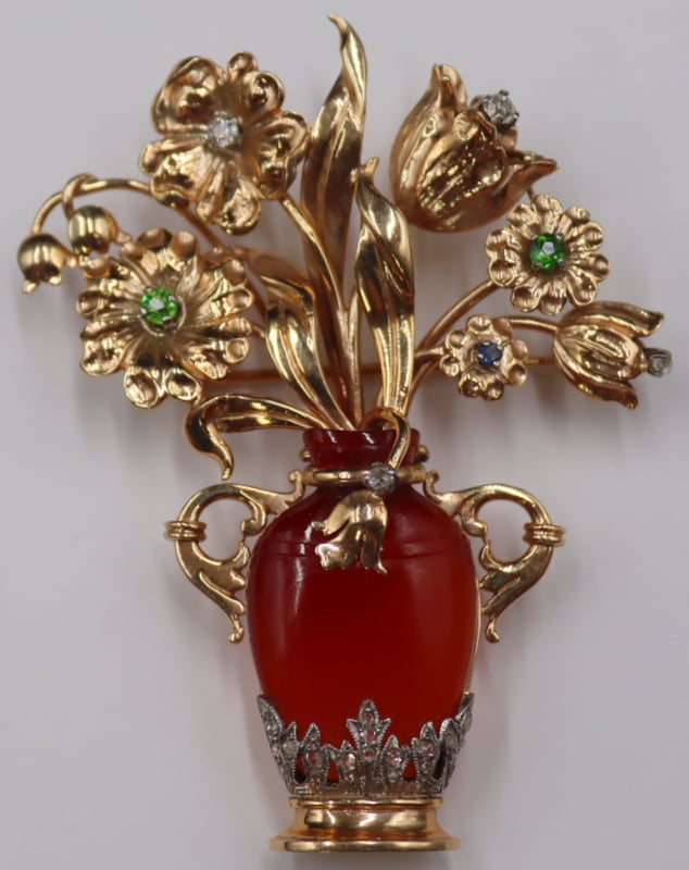 Appraisal: JEWELRY KT GOLD CARNELIAN DIAMOND AND COLORED Gem Brooch kt