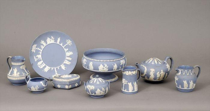 Appraisal: Nine Wedgwood Blue Jasperware Articles Including a stemmed bowl in