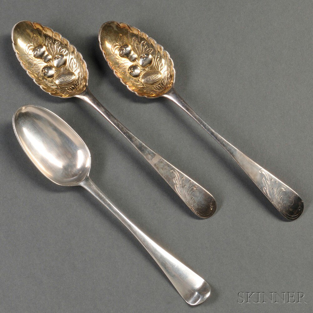 Appraisal: Three Georgian Sterling Silver Spoons two berry spoons with gold-washed