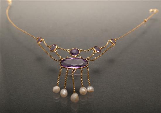 Appraisal: Victorian yellow gold amethyst and baroque pearl necklace unmarked gold