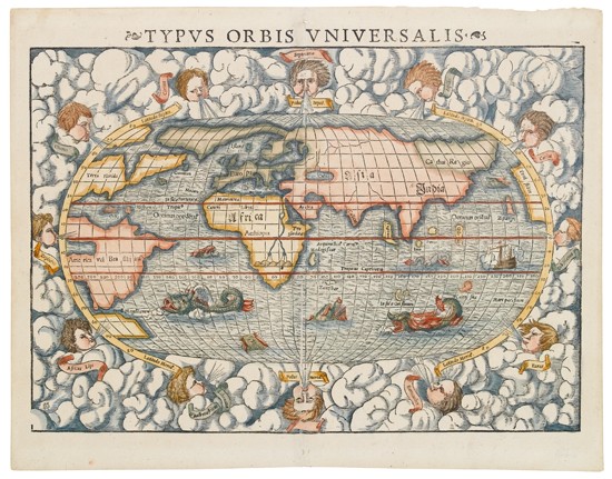 Appraisal: MUENSTER SEBASTIAN Typus Orbis Universalis Double-page wood-engraved world map x