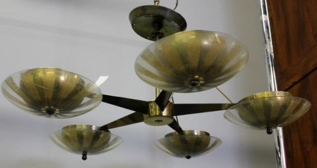 Appraisal: Brass Glass Star Form Midcentury Chandelier Includes perforated brass caps