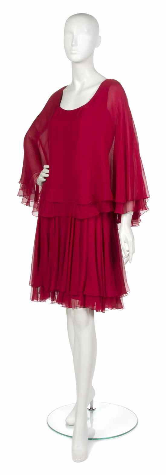 Appraisal: A Galanos Red Chiffon Cocktail Dress attached cape over dress