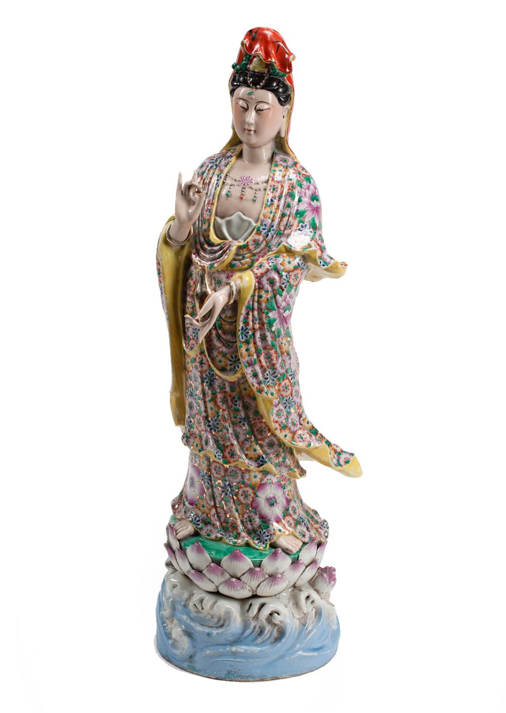 Appraisal: Monumental Chinese Famille Rose Porcelain Figure Guanyin modeled standing on