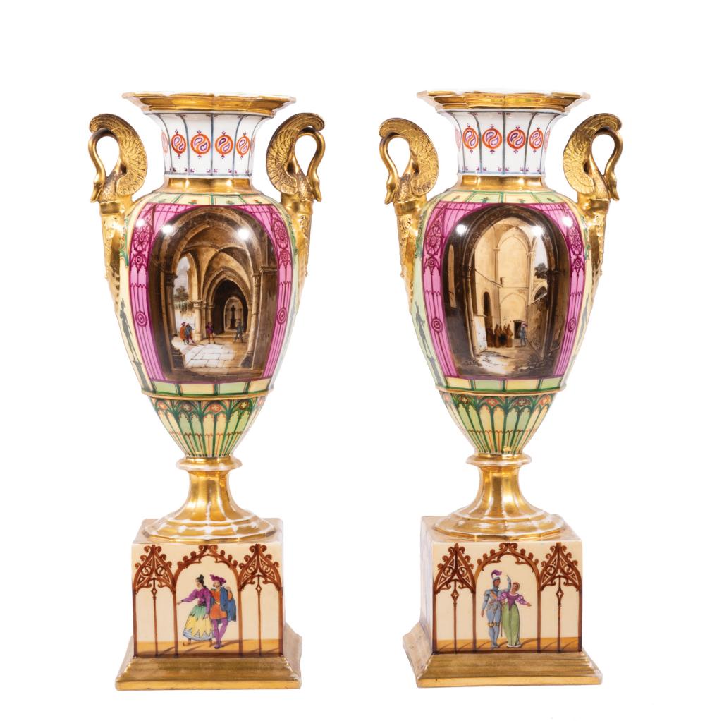 Appraisal: Pair of Paris Polychrome and Gilt Porcelain Vases mid- th