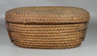 Appraisal: Double Wooden Handled Covered Rye Straw Basket l x w