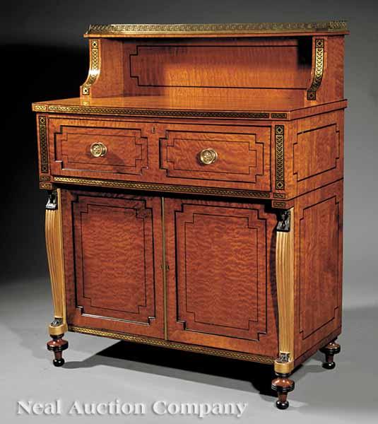 Appraisal: A Fine Regency Brass-Mounted and Ebony-Inlaid Satinwood Secretary Cabinet early