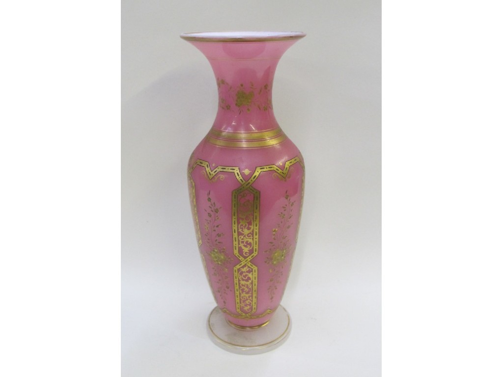 Appraisal: Victorian pink opaque glass vase with engraved and painted gilt