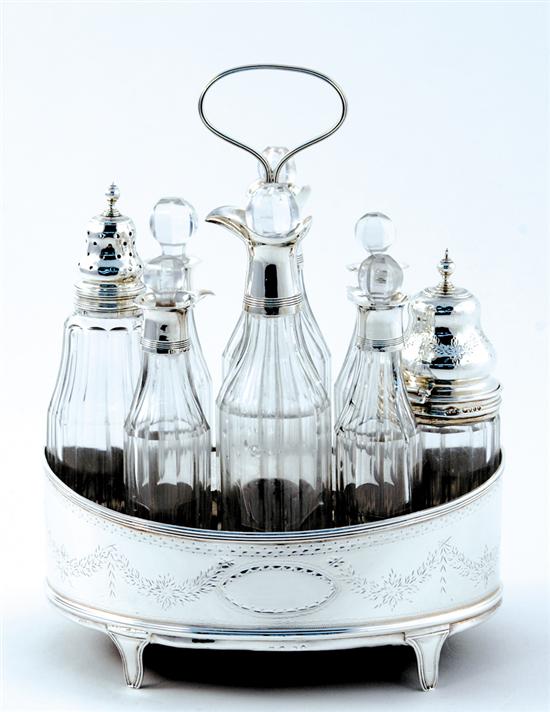 Appraisal: Georgian sterling cruet set London dated bright-cut decorated ovoid footed