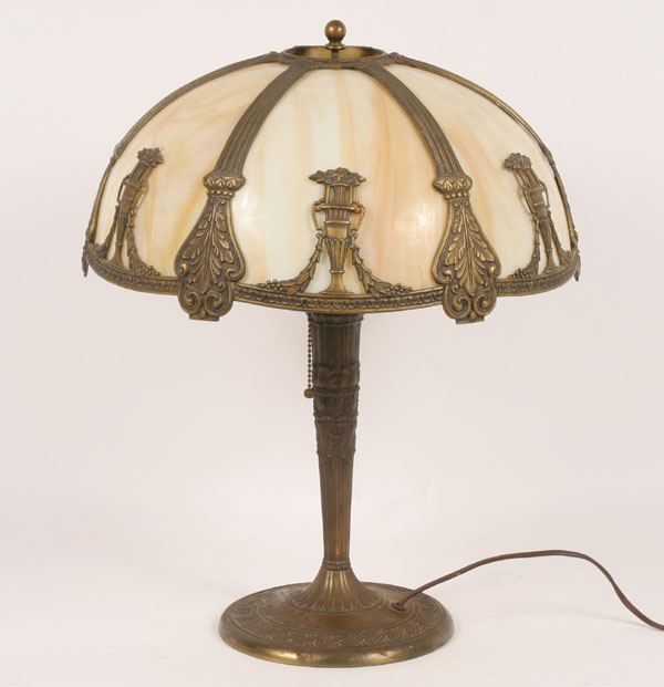 Appraisal: Leaded slag glass lamp caramel shade w white metal classical