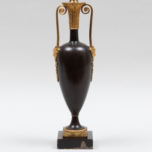 Appraisal: EMPIRE STYLE GILT-BRONZE-MOUNTED BRONZE URN-FORMED LAMP in to top of