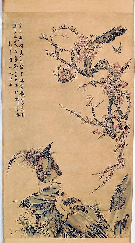 Appraisal: Ink and Color Scroll Painting of Birds and Tree On