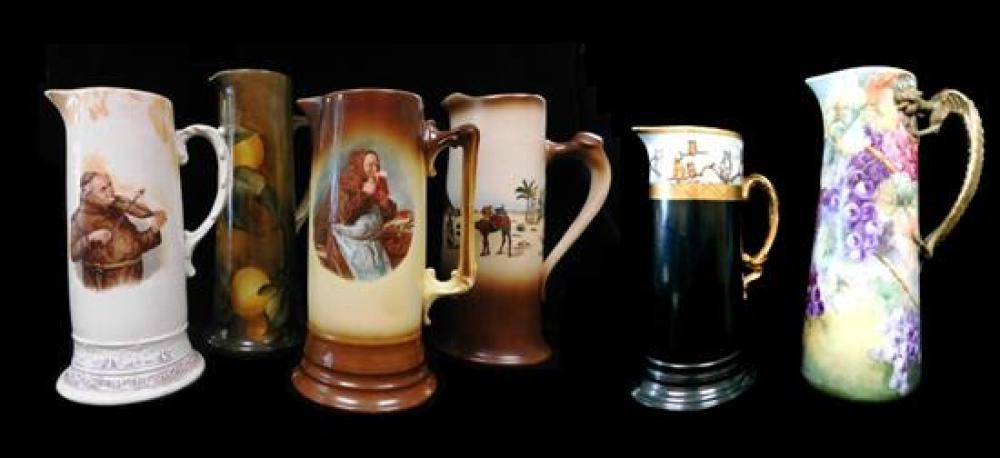 Appraisal: Set of six early th C painted ceramic pitchers including