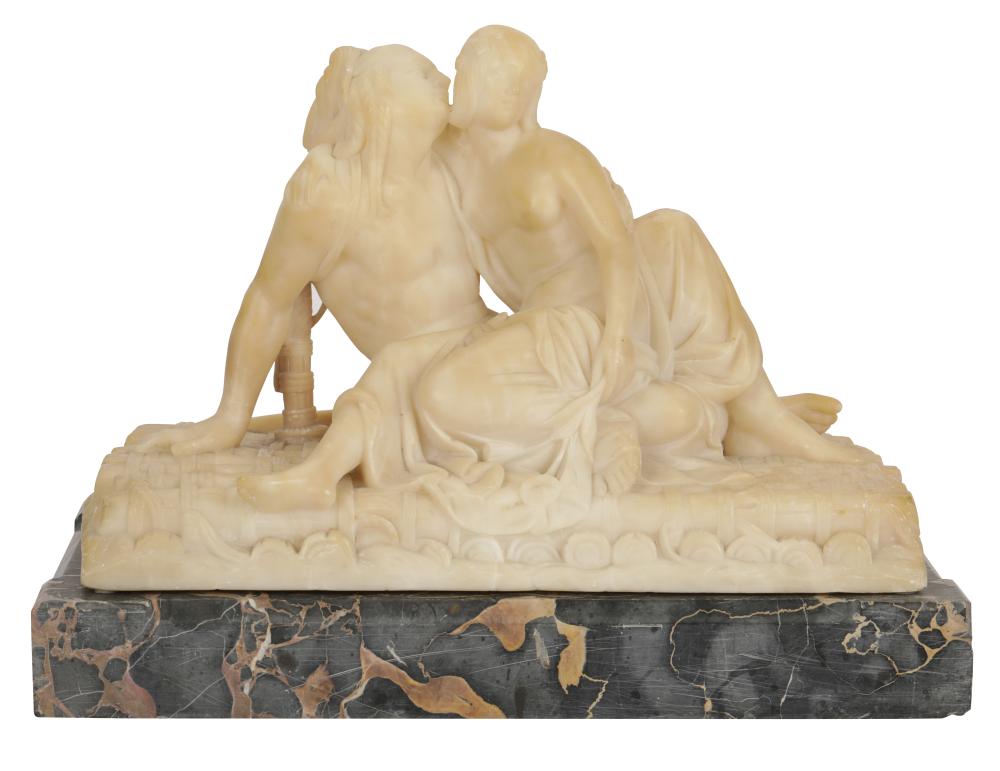 Appraisal: CONTINENTAL CARVED ALABASTER FIGURAL GROUPunsigned mounted to marble plinth Provenance