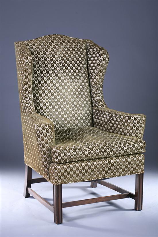 Appraisal: CHIPPENDALE STYLE UPHOLSTERED EASY CHAIR th Century Olive cut-velvet upholstery