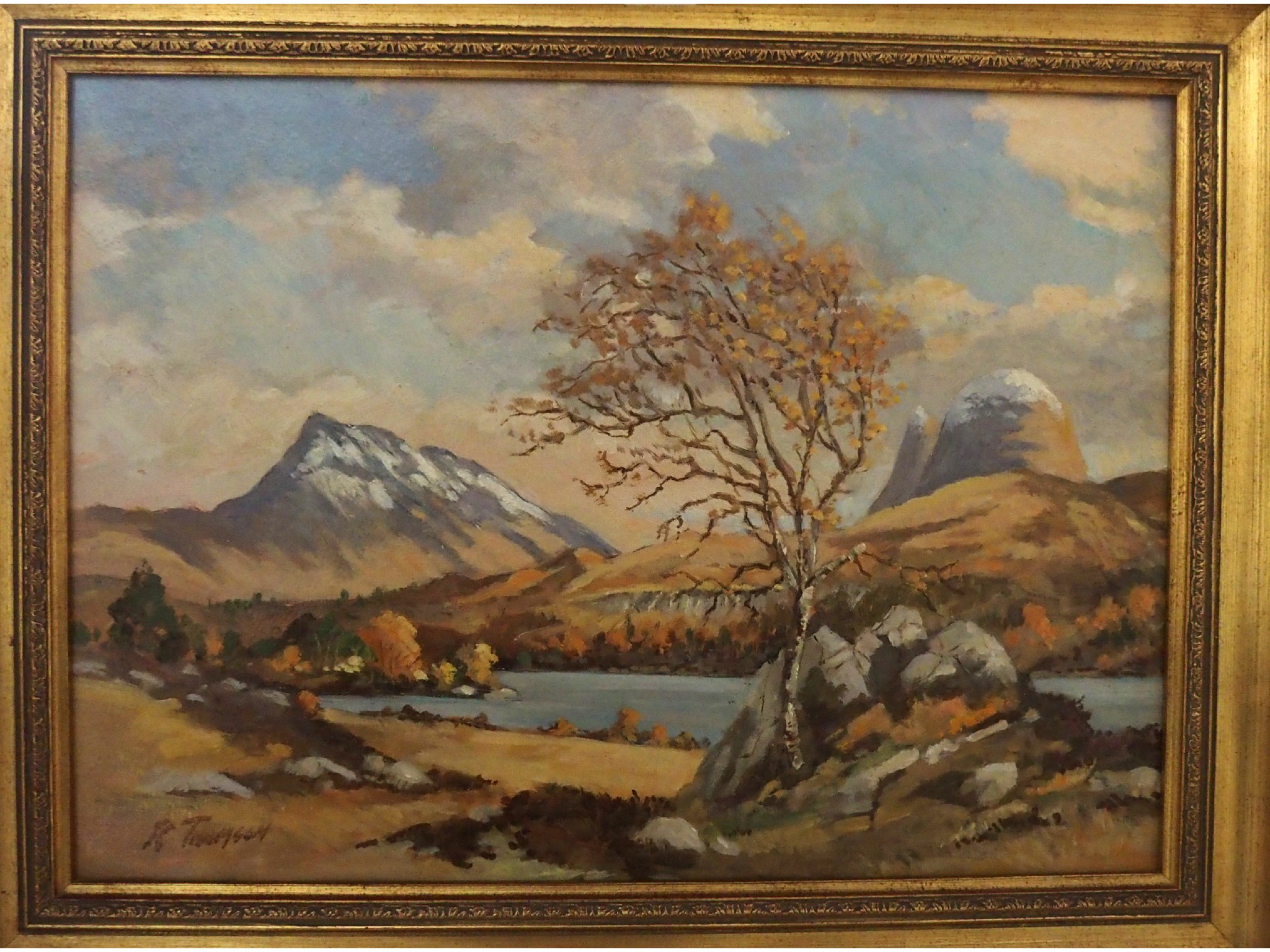 Appraisal: R THOMSON Highland Loch and mountains signed oil on board