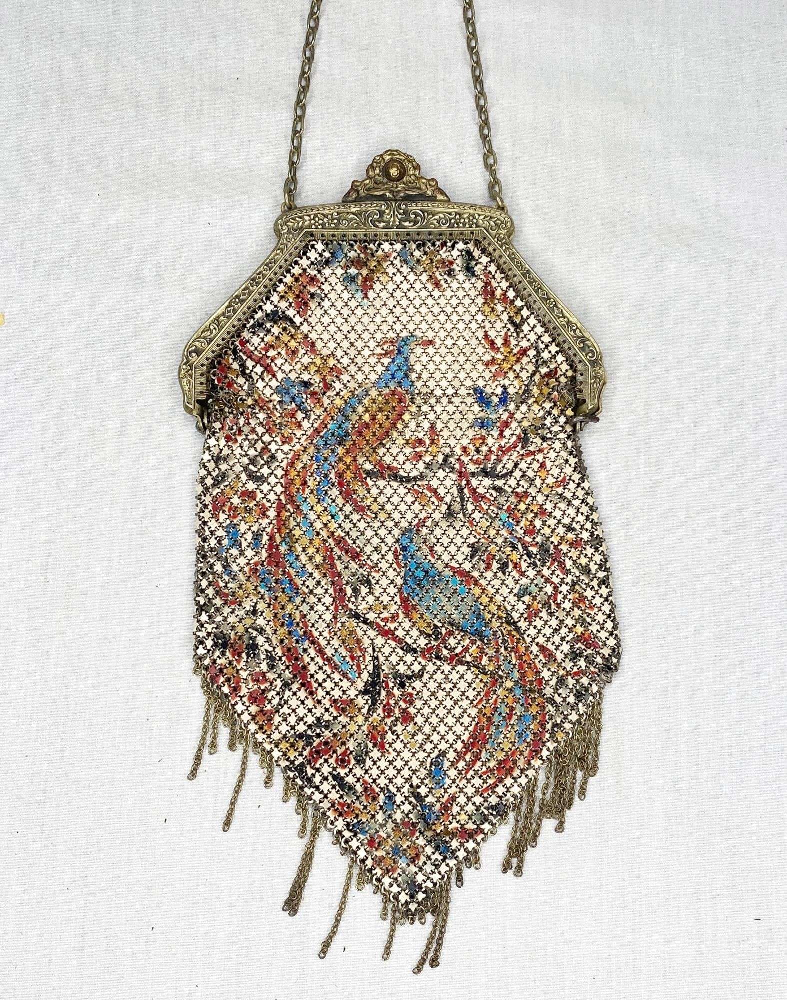 Appraisal: Art Deco Mandalian Enameled Mesh Hand Bag with Bird of