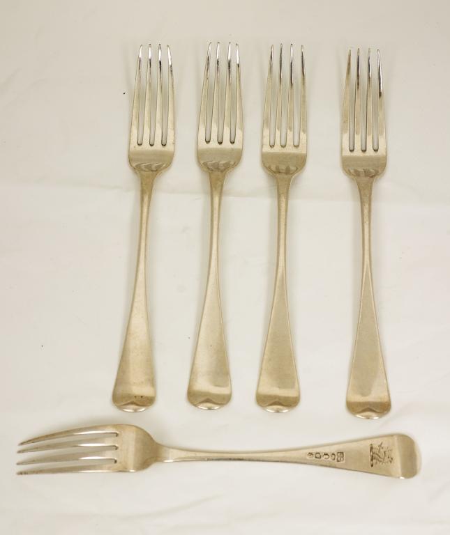 Appraisal: SET OF FIVE GEORGE III SILVER TABLE FORKS JAMES BARBER