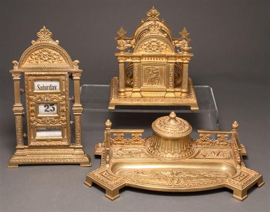 Appraisal: German classical style gilt brass three-piece desk set comprising standish