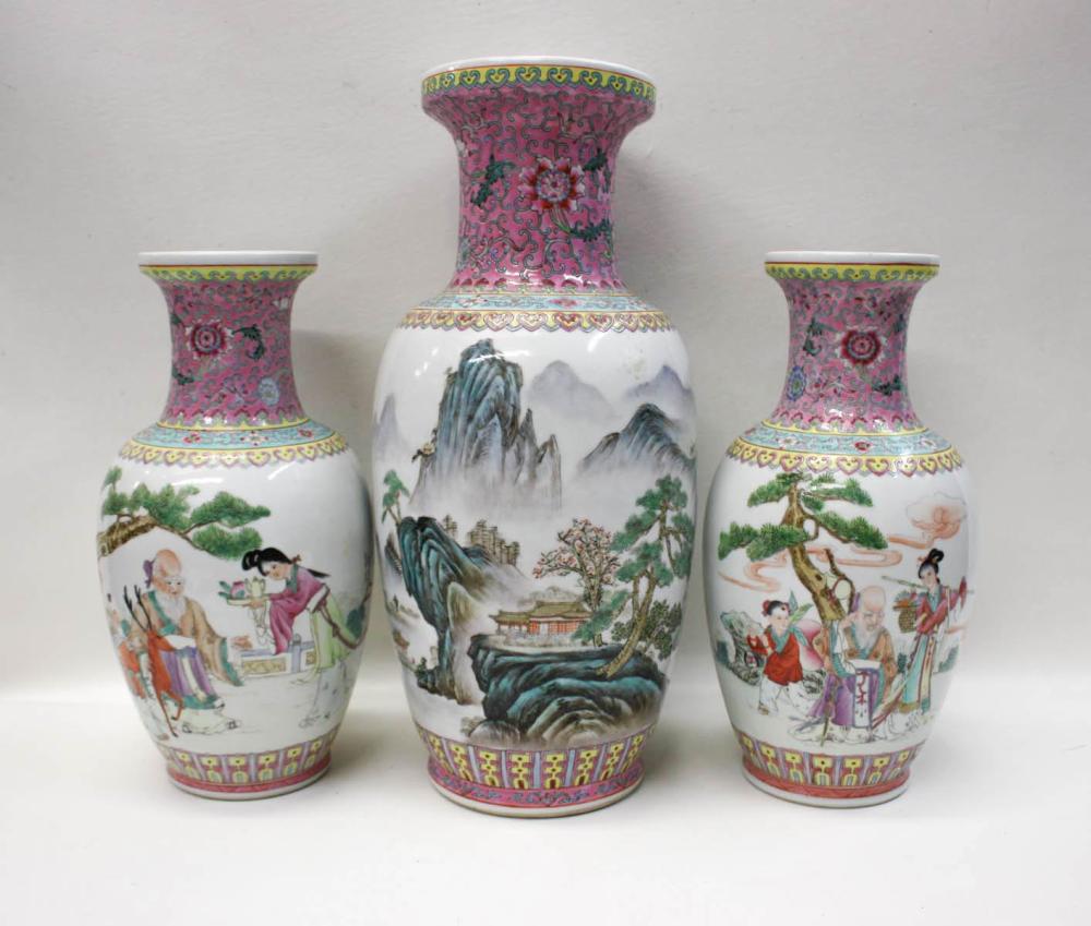 Appraisal: THREE CHINESE FAMILLE ROSE PORCELAIN VASES the largest with landscape