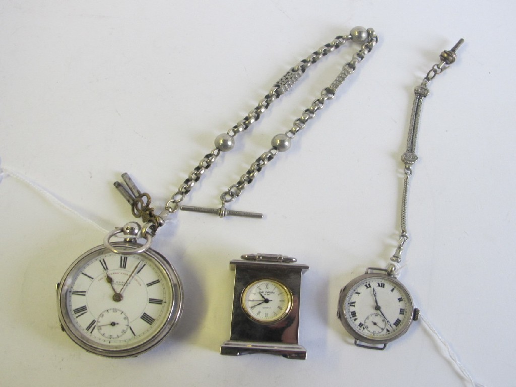 Appraisal: Lot comprising silver pocket watch on white metal chain silver