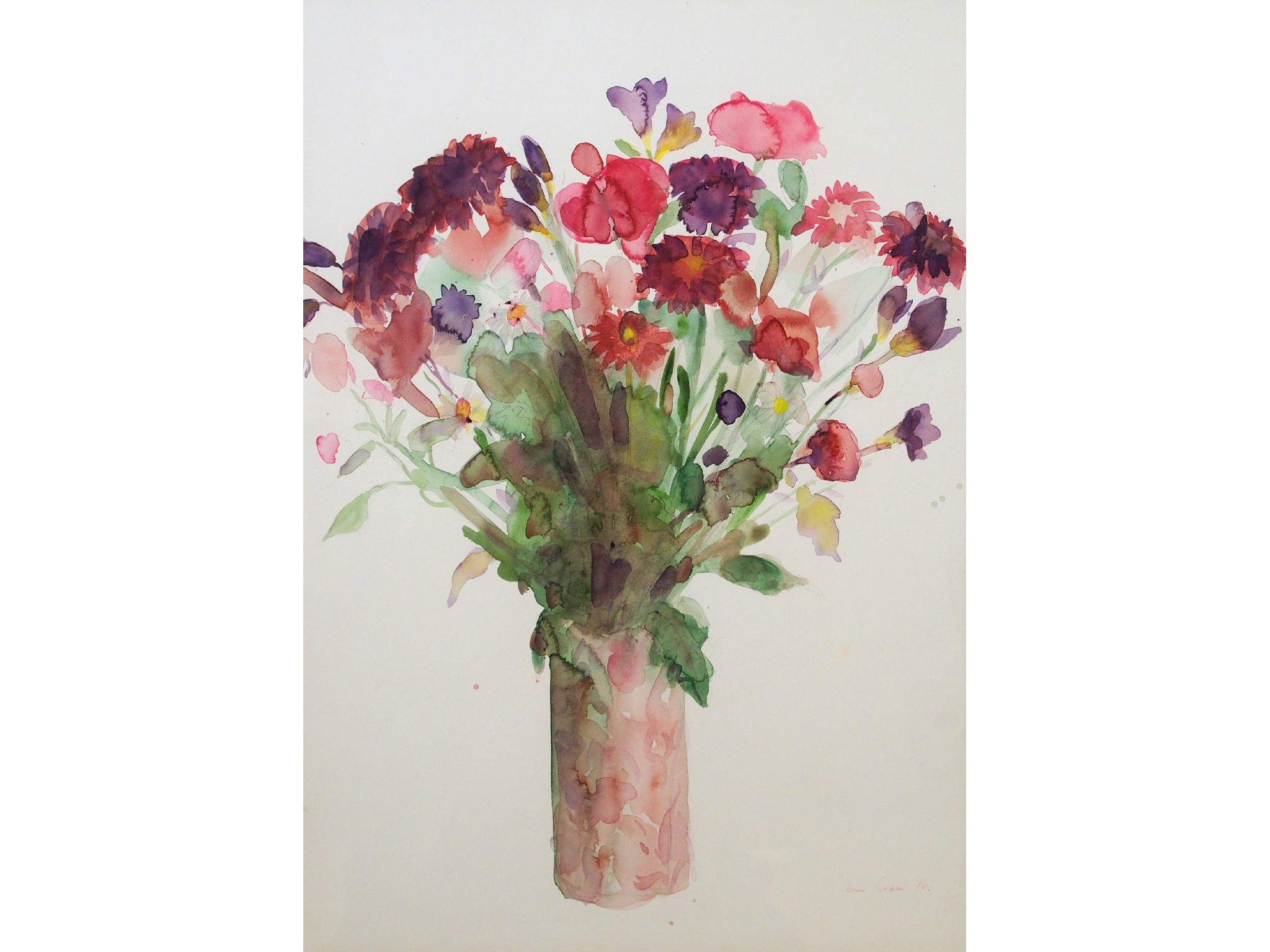 Appraisal: ANN ORAM RSW British b FLOWERSPen and watercolour signed and