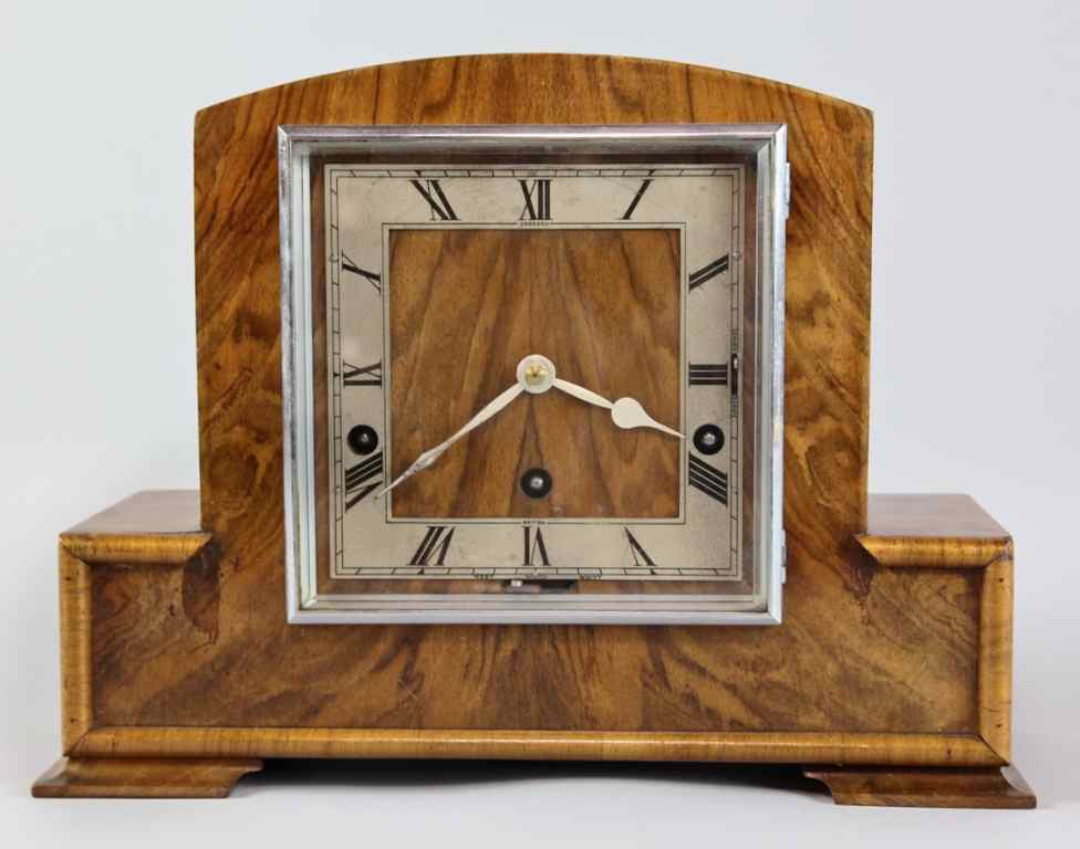 Appraisal: GARRARD ART DECO BURLED WOOD MANTEL CLOCK The raised and